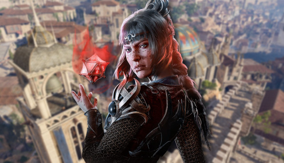 New Baldur's Gate 3 mod somehow manages to make combat even better: A woman with long black hair in a ponytail holds a glowing, spiked object, looking over her shoulder frowning